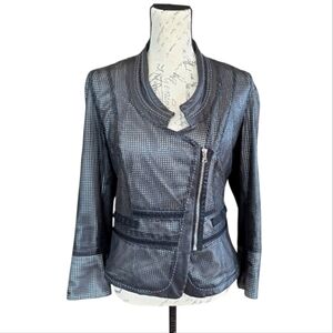 Elie Tahari Fitted Perforated Black Leather Zip Moto Jacket S